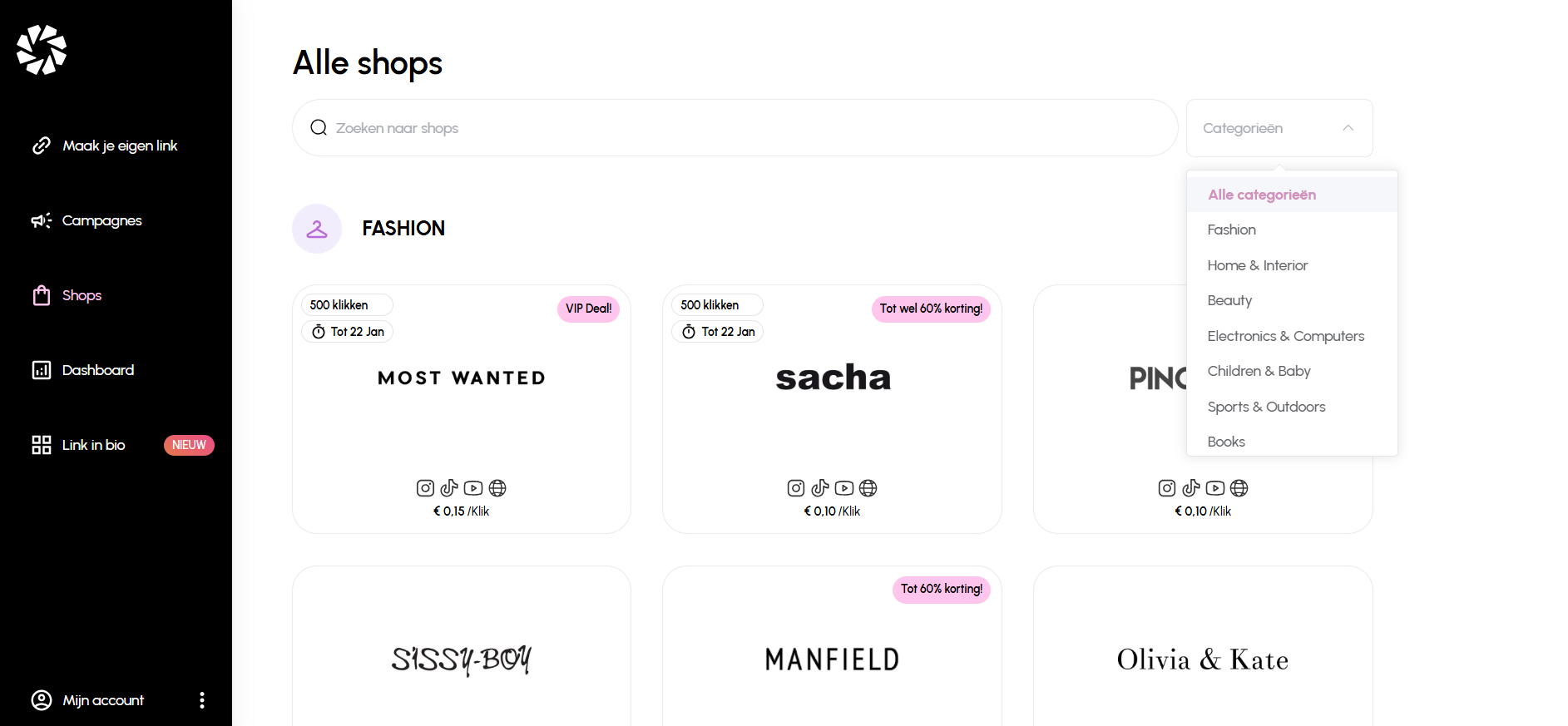 Metapic affiliate dashboard met overzicht van kliks en opbrengsten voor social media creators